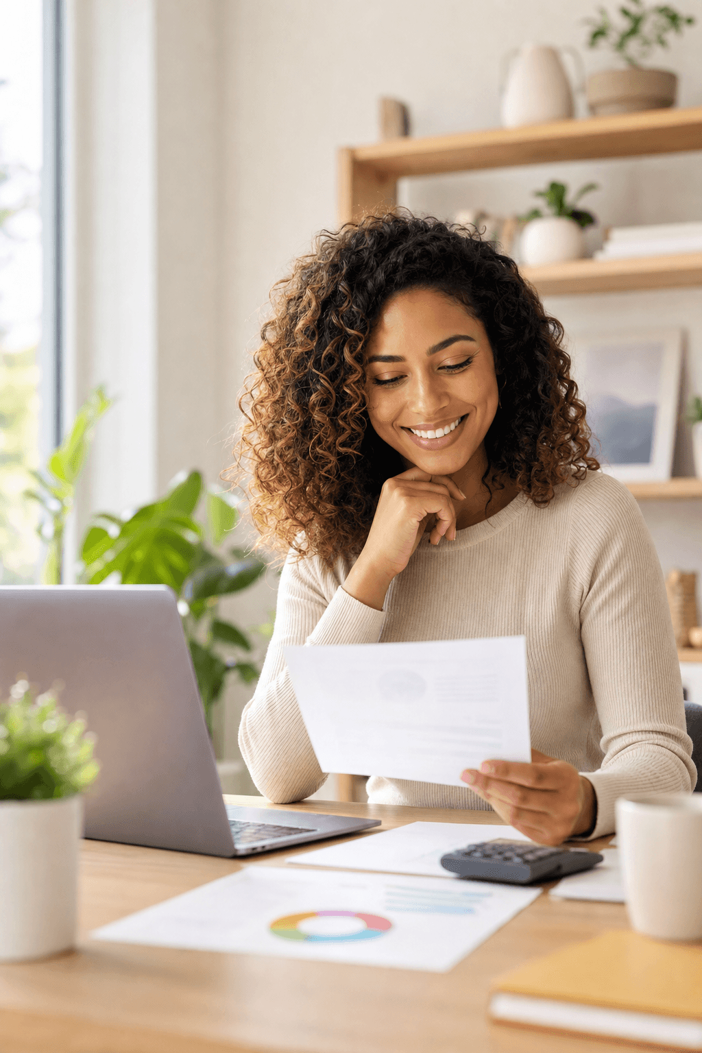 Friendly professional reviewing credit documents at a modern desk