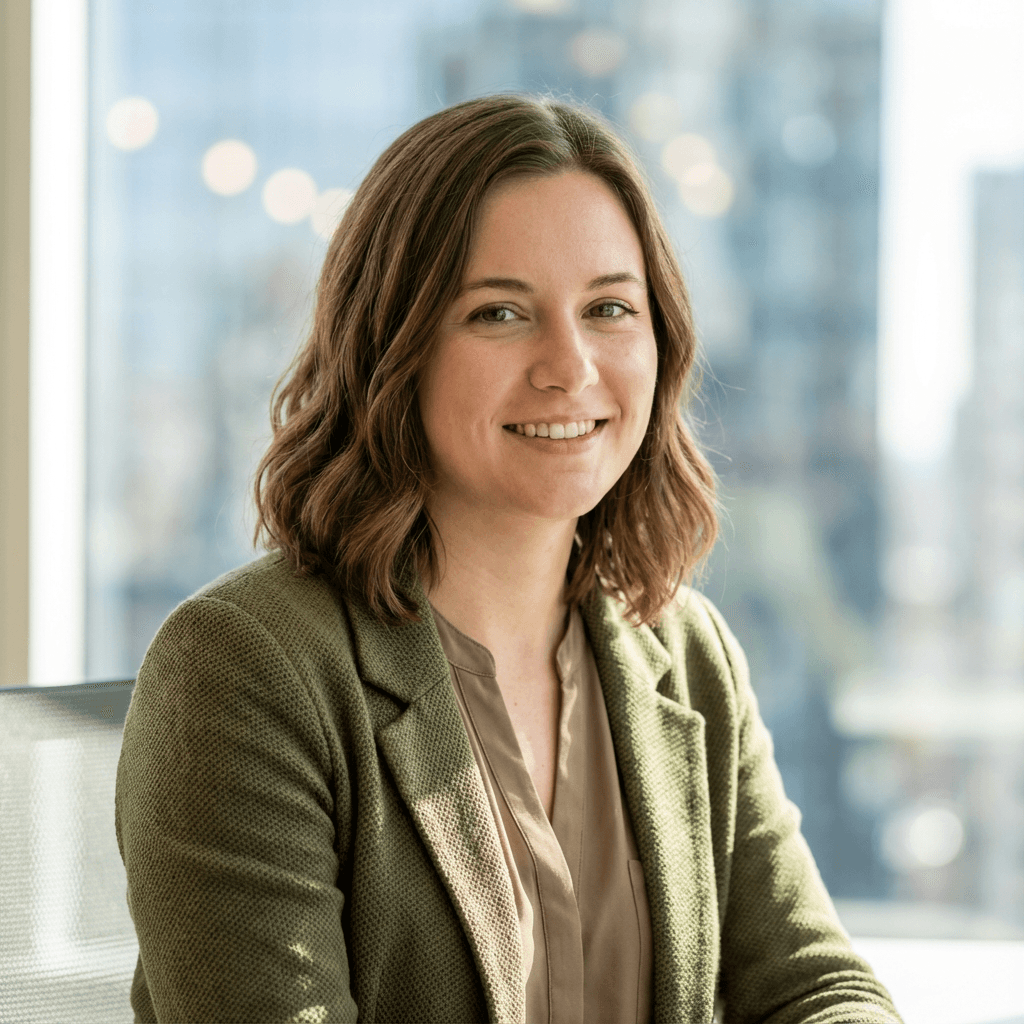 Headshot of a sharp female operations manager in a professional setting
