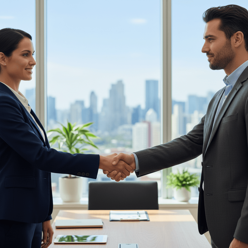 Business handshake between partner and client in professional office meeting
