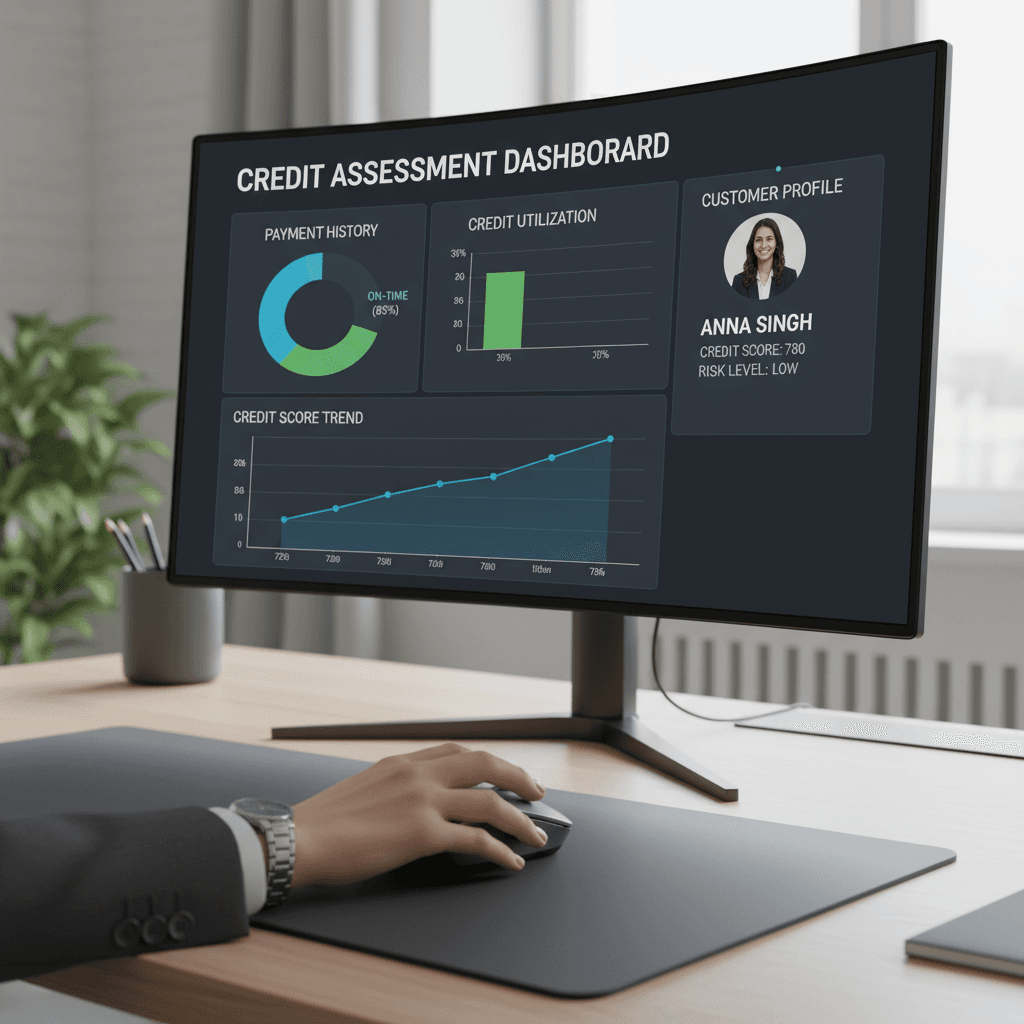 Financial analyst's hand using a mouse on a credit dashboard in a modern office