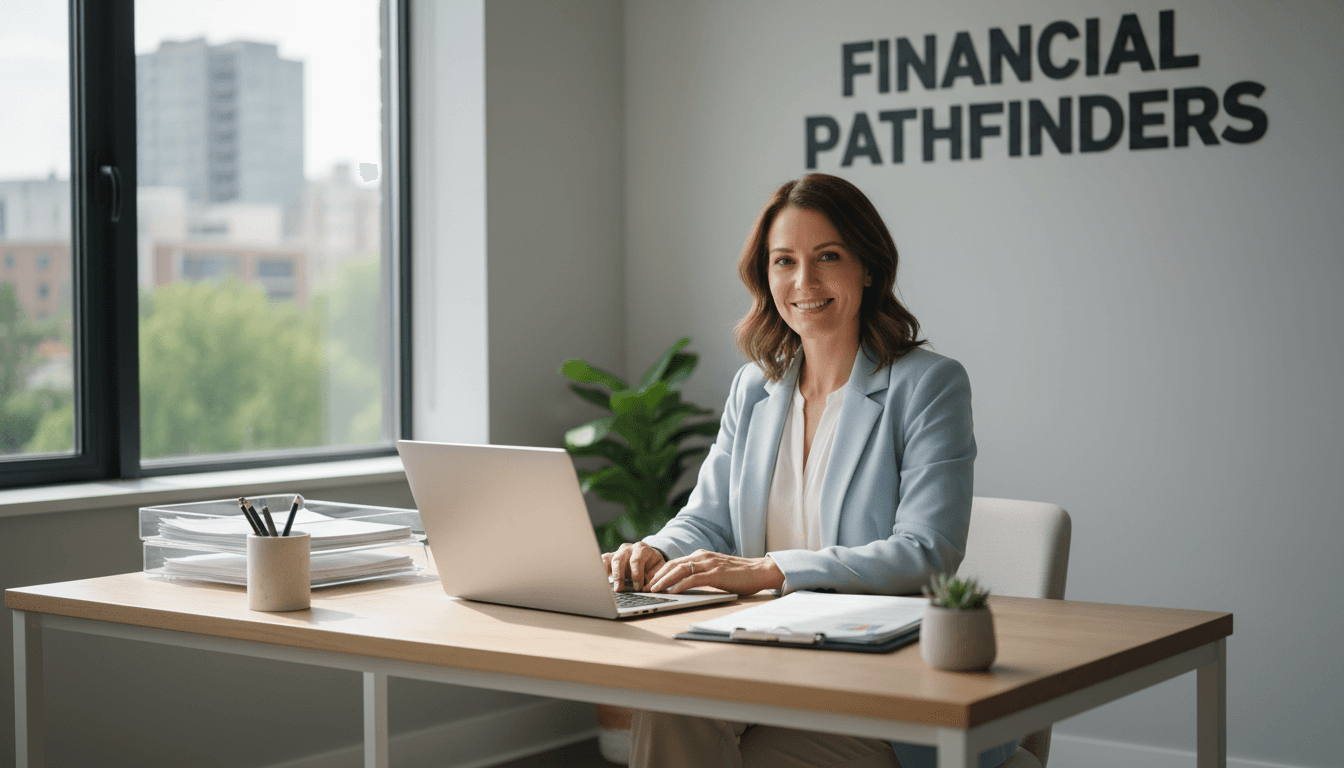Professional credit counselor at a clean modern desk with a laptop and documents, soft natural lighting