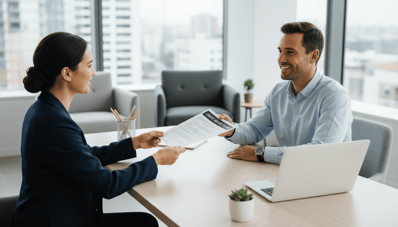 Professional credit repair consultant handing documents to smiling client in bright modern office with clean desk