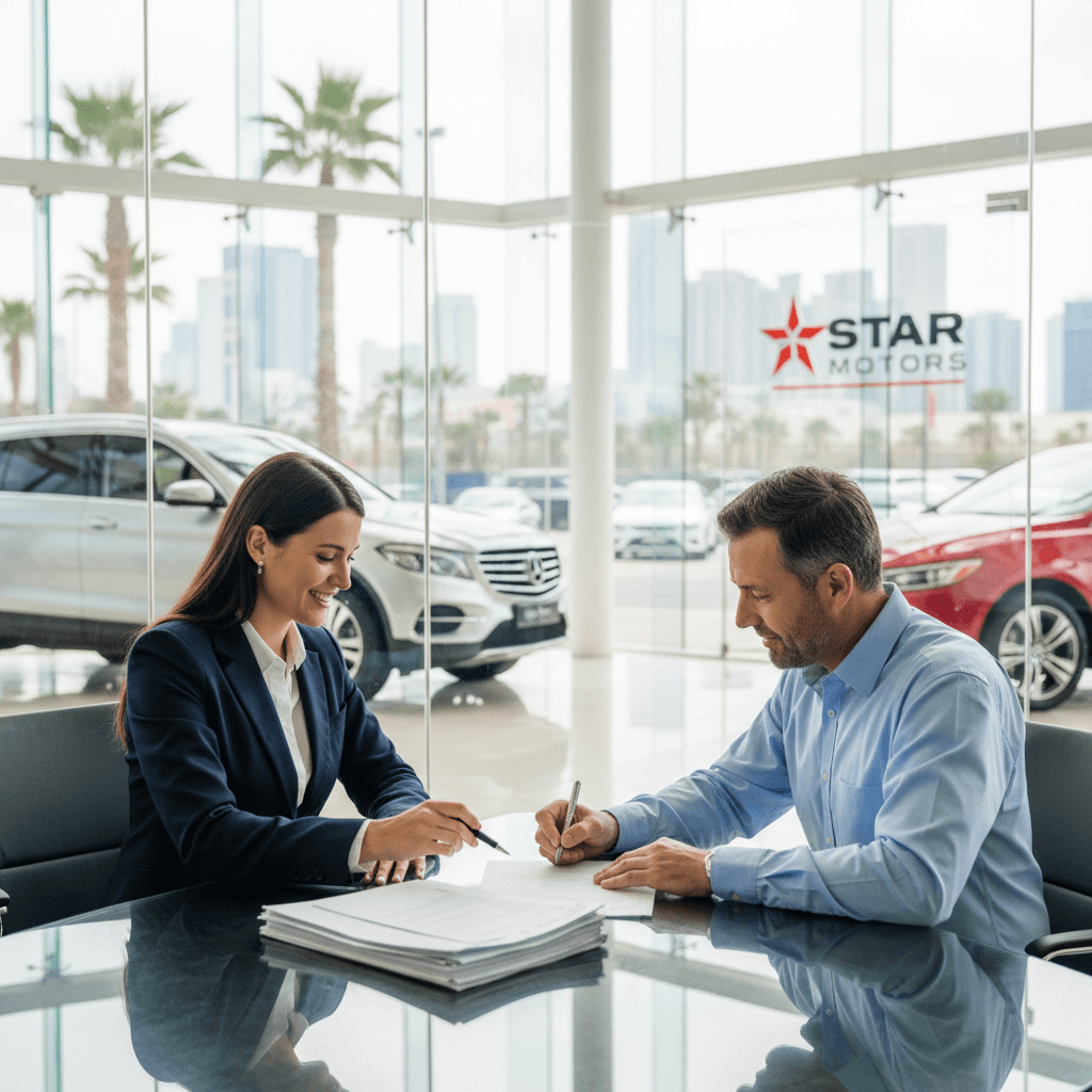 Auto dealership salesperson with customer signing paperwork in bright showroom