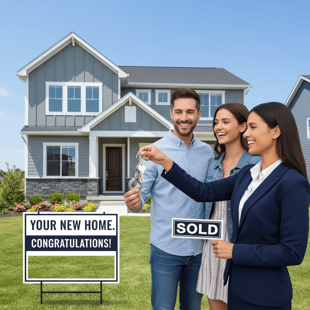 Real estate agent handing keys to happy home buyers in front of new house