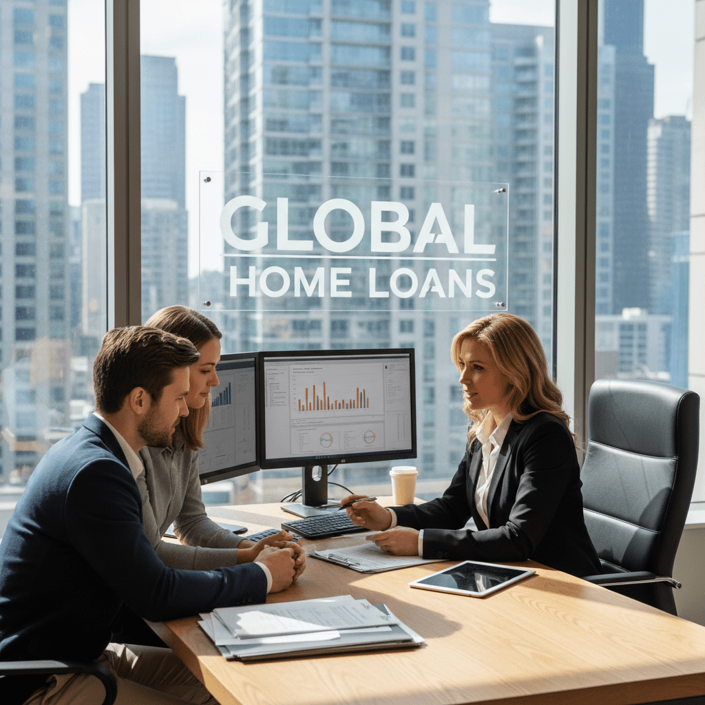 Professional mortgage broker reviewing documents with clients at modern office desk