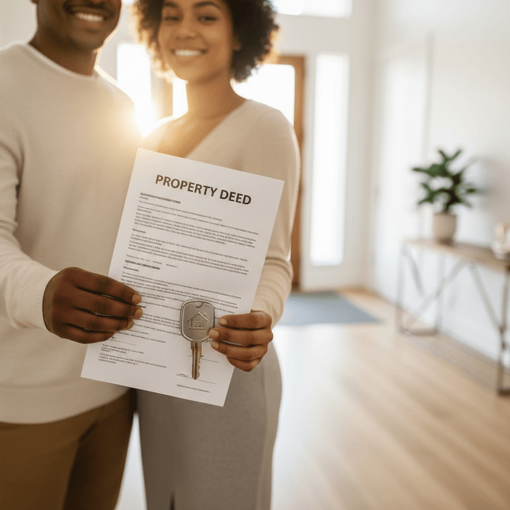 Couple holding property deed and keys together in sunlit entryway of newly constructed home, celebrating ownership milestone