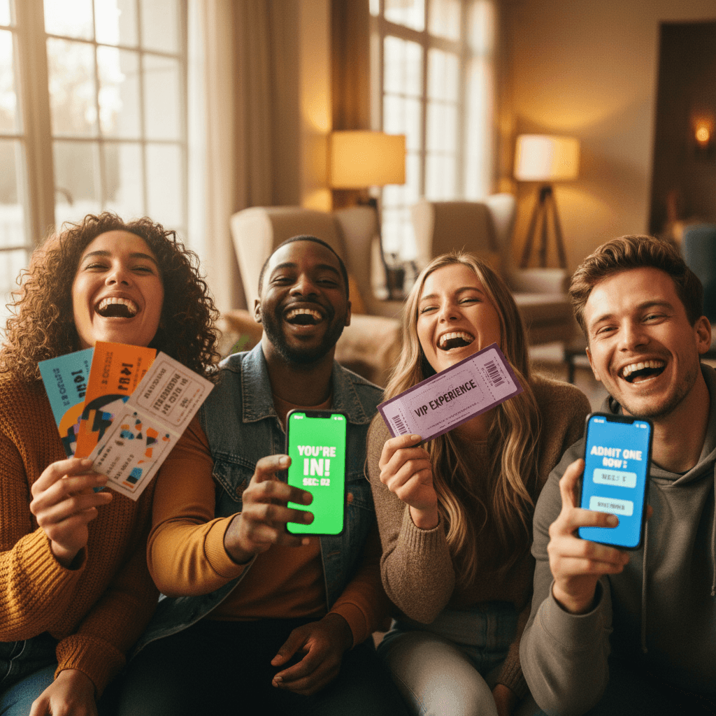 Diverse friends smiling while holding event tickets and viewing digital bookings on their phones in warm, sunlit interior space