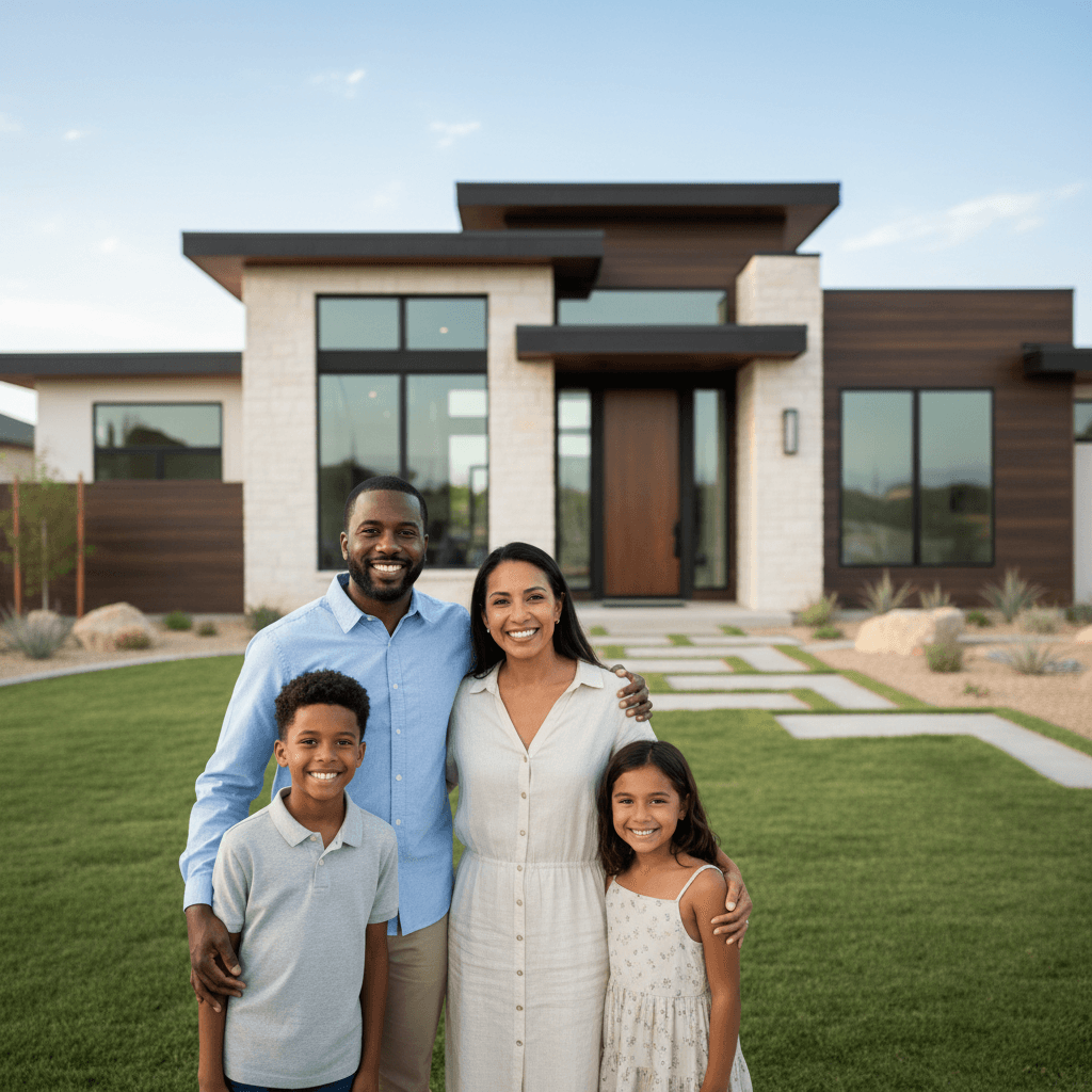Diverse family smiling in front of their newly completed modern residential home with landscaped front yard