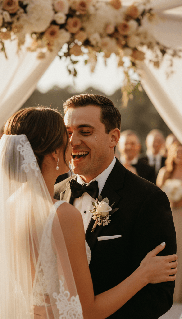 Groom's joyful expression during first kiss with bride at wedding ceremony, warm golden light, genuine emotion