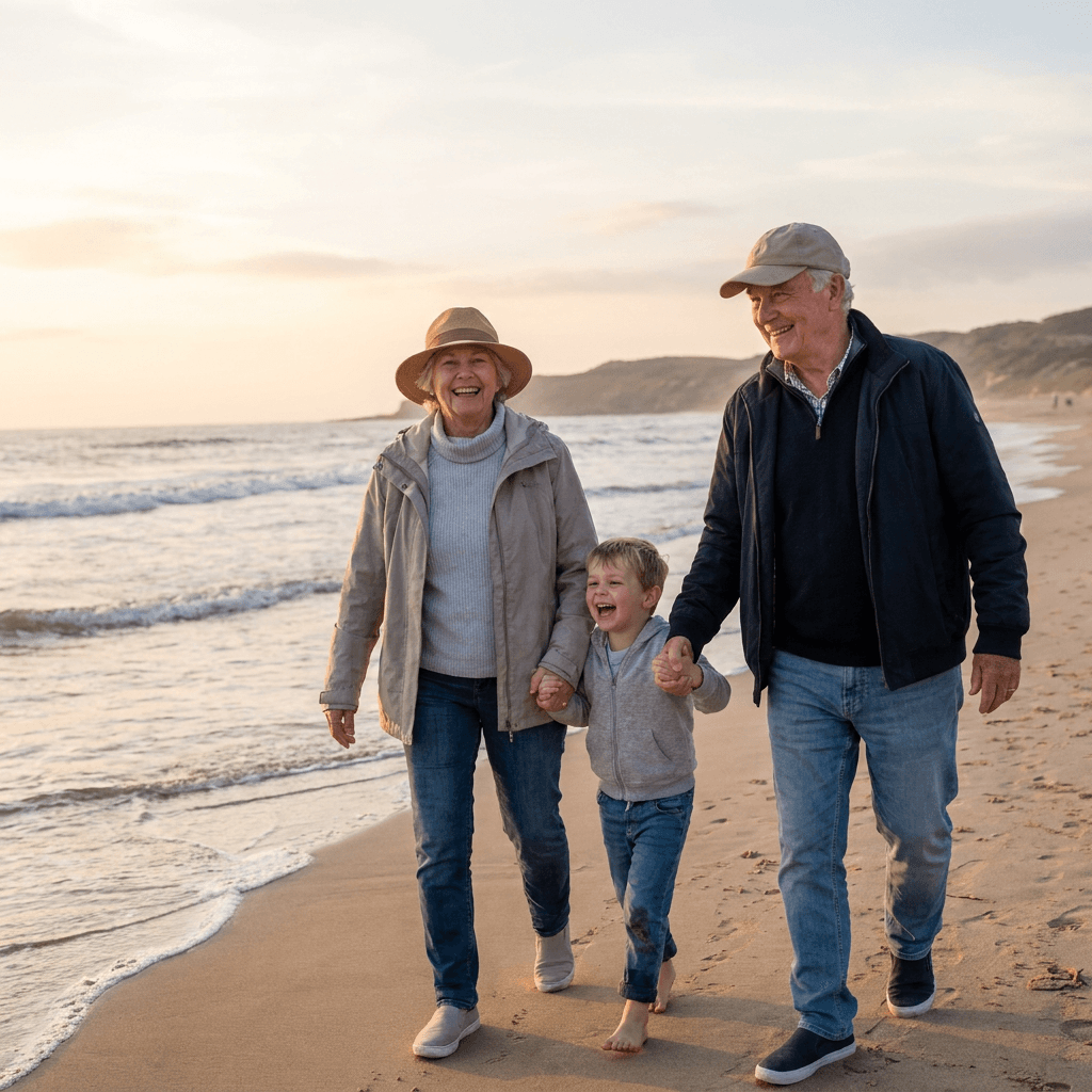 A happy elderly couple walks hand-in-hand with their young grandchild on a sandy beach at sunset, all smiling.