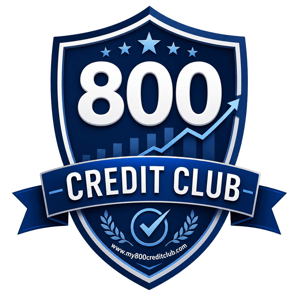 Blue shield logo for 800 Credit Club with stars, rising graph, and a checkmark.